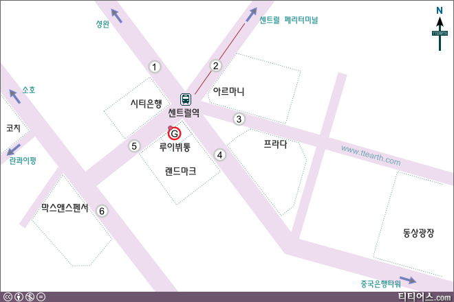 센트럴역에서 센트럴 페리 터미널로 가는 길을 설명한 지도