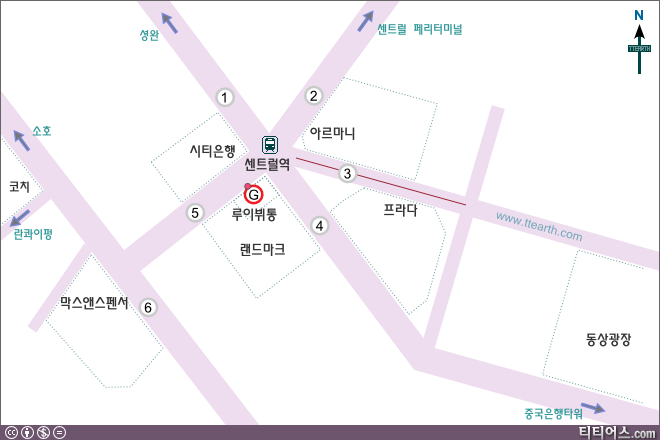 센트럴역에서 동상광장으로 가는 길을 설명한 지도