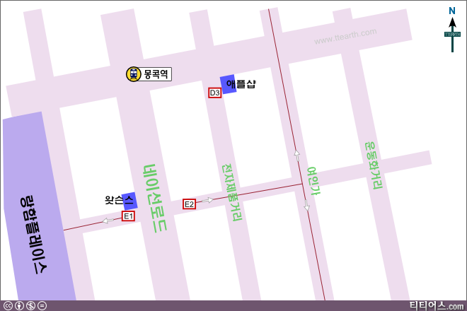 몽콕역에서 여인가로 가는 경로를 표시한 지도