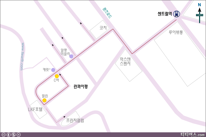 센트럴역에서 란콰이펑 가는 경로 지도