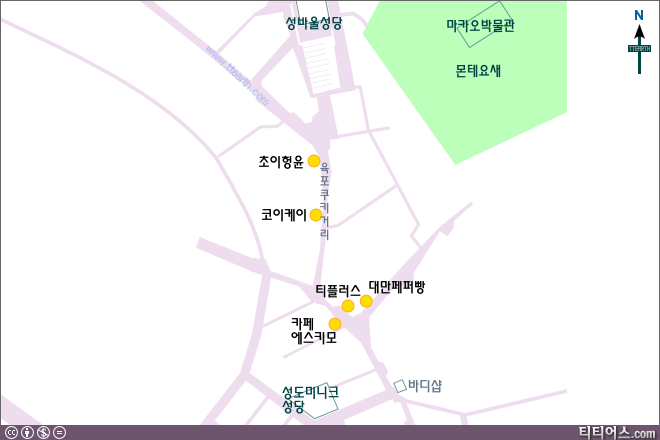 마카오 성 바울 거리, 맛집 지도, 초이헝윤, 코이케이, 티플러스, 카페 에스키모, 대만 페퍼빵