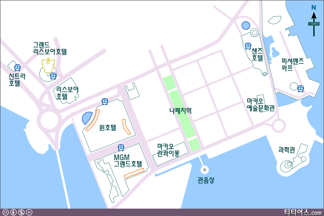 호텔 지역과 나페 지역의 셔틀 버스 정류장, 위치, 지도