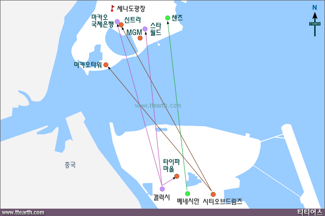 호텔 셔틀버스, 마카오 시내 연결 셔틀 지도