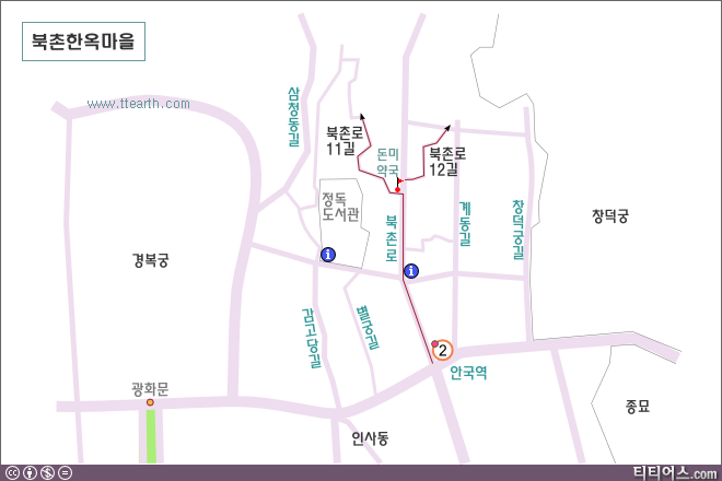 지하철 3호선 안국역에서 북촌 한옥 마을로 가는 방법에 경로를 표시한 지도