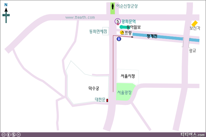 서울 시청, 덕수궁에서 청계천 가는 방법에 관한 지도