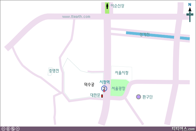 덕수궁 부근 지도, 서울 시청에서 북쪽으로 가면 광화문 광장이다.