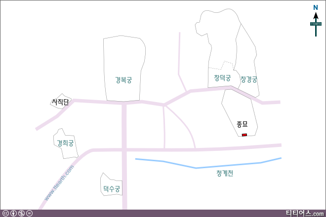 종묘와 사직단의 위치를 나타낸 지도이다. 주변 서울의 5대 궁궐도 표시