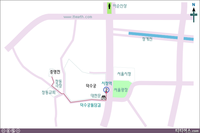 덕수궁 시청역에서 중명적으로 가는 방법을 그린 지도이다.