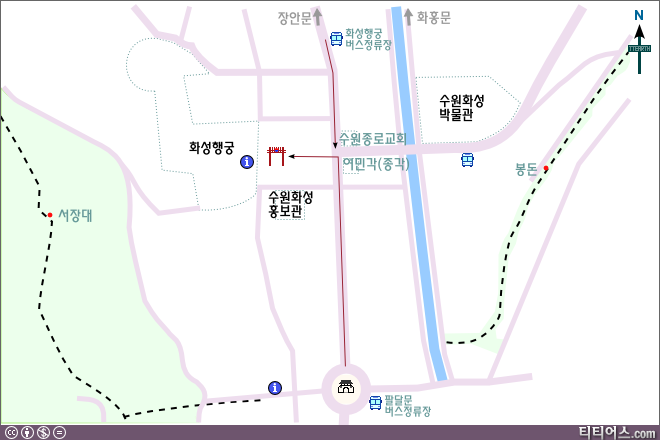 버스 정류장에서 화성행궁으로 가는 지도