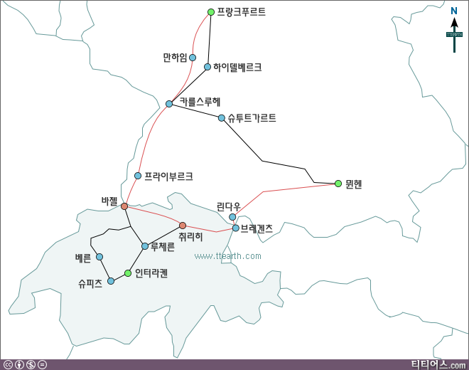 프랑크푸르트, 뮌헨, 인터라켄간 철도 노선 지도