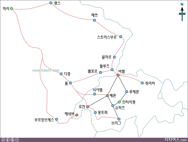 파리, 인터라켄 떼제베 노선 지도