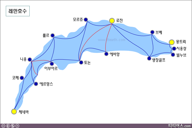 몽트뢰 주변의 레만 호수와 유람선 선착장 지도