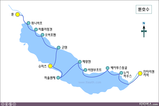 툰 호수 주변 유람선 선착장과 지도