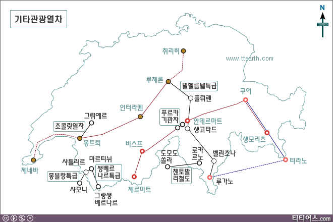 스위스 관광 열차, 기타 노선 지도